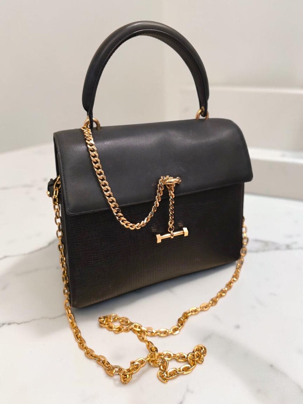 Luana Italy Black Leather Top Handle Satchel Crossbody Gold Chain Handbag
